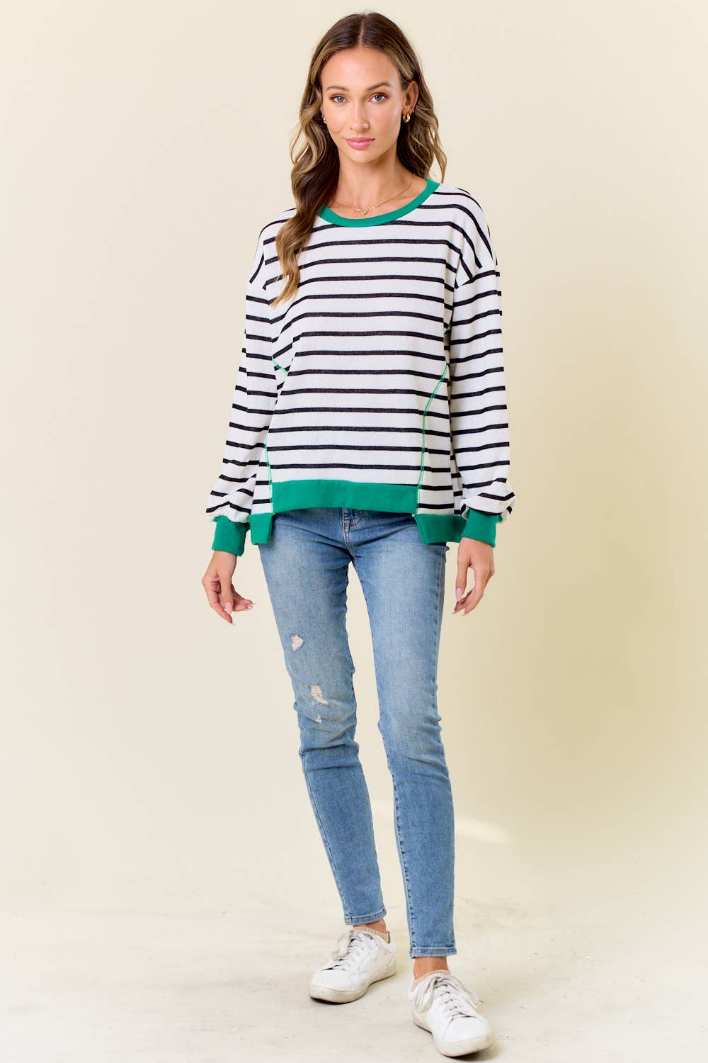 Lydia Stripe Comfy Sweatshirt: White/ Kelly Green