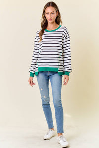 Lydia Stripe Comfy Sweatshirt: White/ Kelly Green