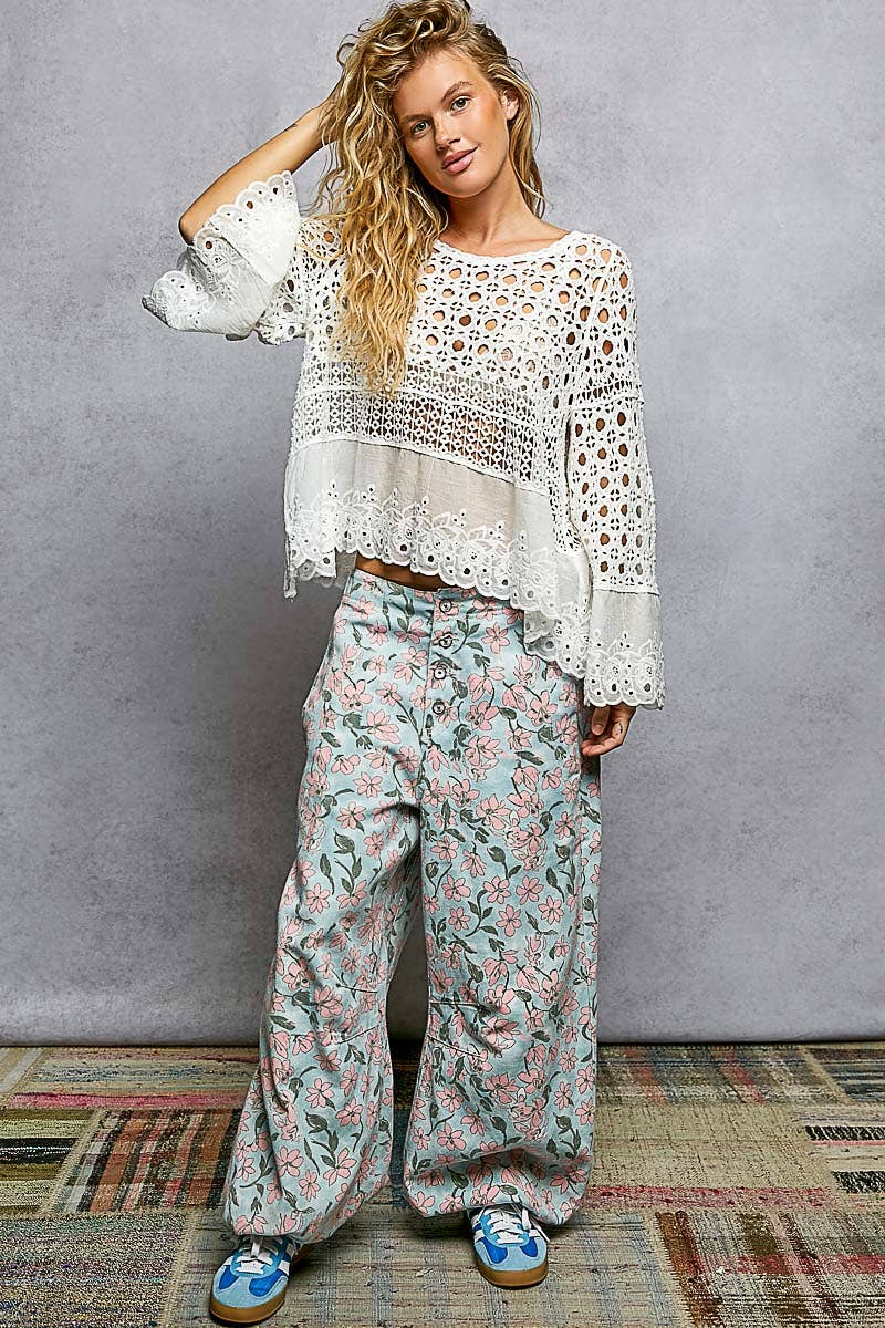 Long Sleeve Round Neck Women Crochet Top: NATURAL / OS