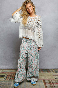 Long Sleeve Round Neck Women Crochet Top: NATURAL / OS