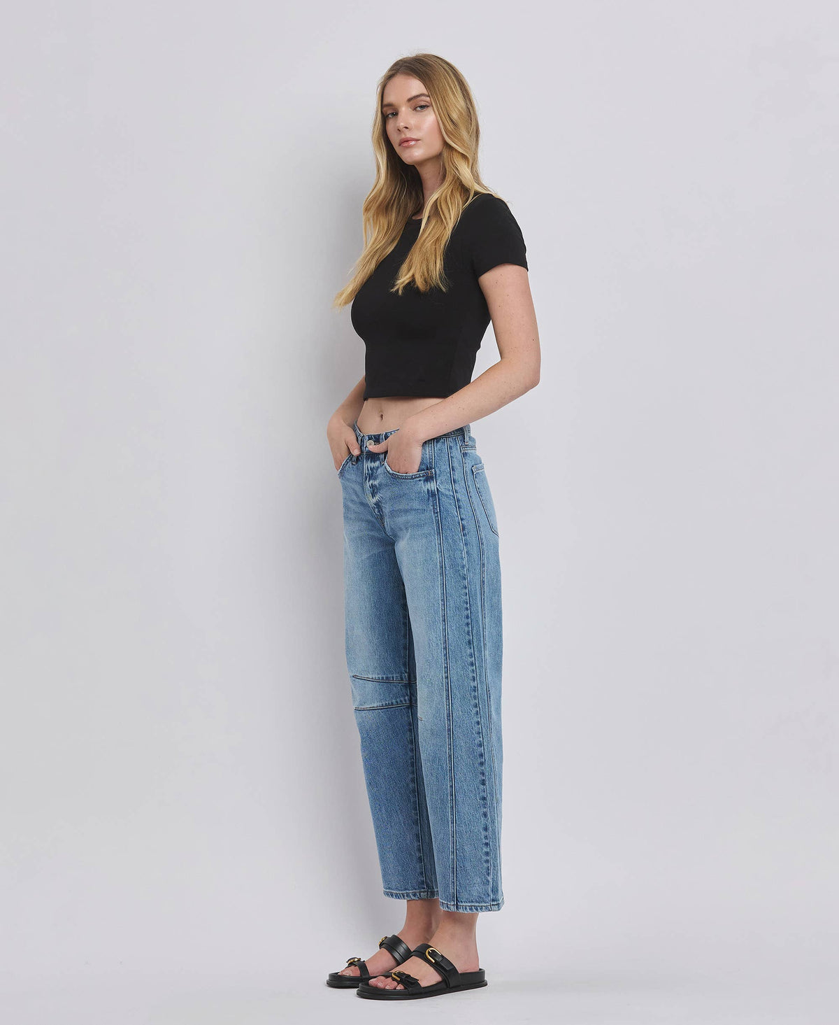 Vervet By FLying Monkey "Katie"  Barrel Leg Jeans – Cropped Seam Detail Denim