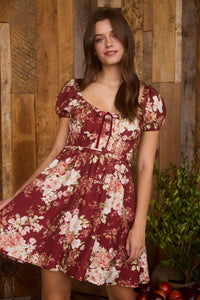 The Delilah Floral Puff Sleeve Mini Dress – Wine Rose Print with Lined Skirt
