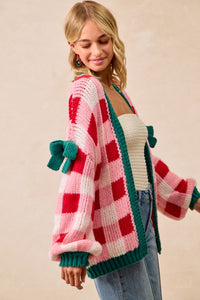 Holly Jolly Check Knit Cardigan – Pink & Red Plaid Christmas Sweater with Ribbon Detail