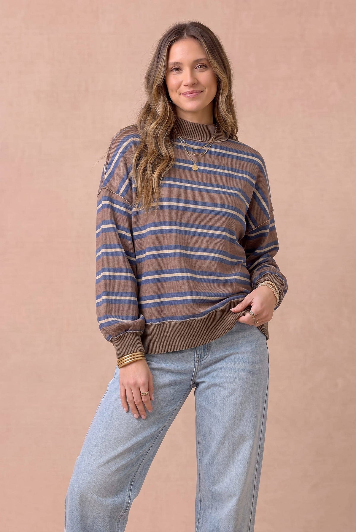 Between the Lines Stripe Pullover: Mocha