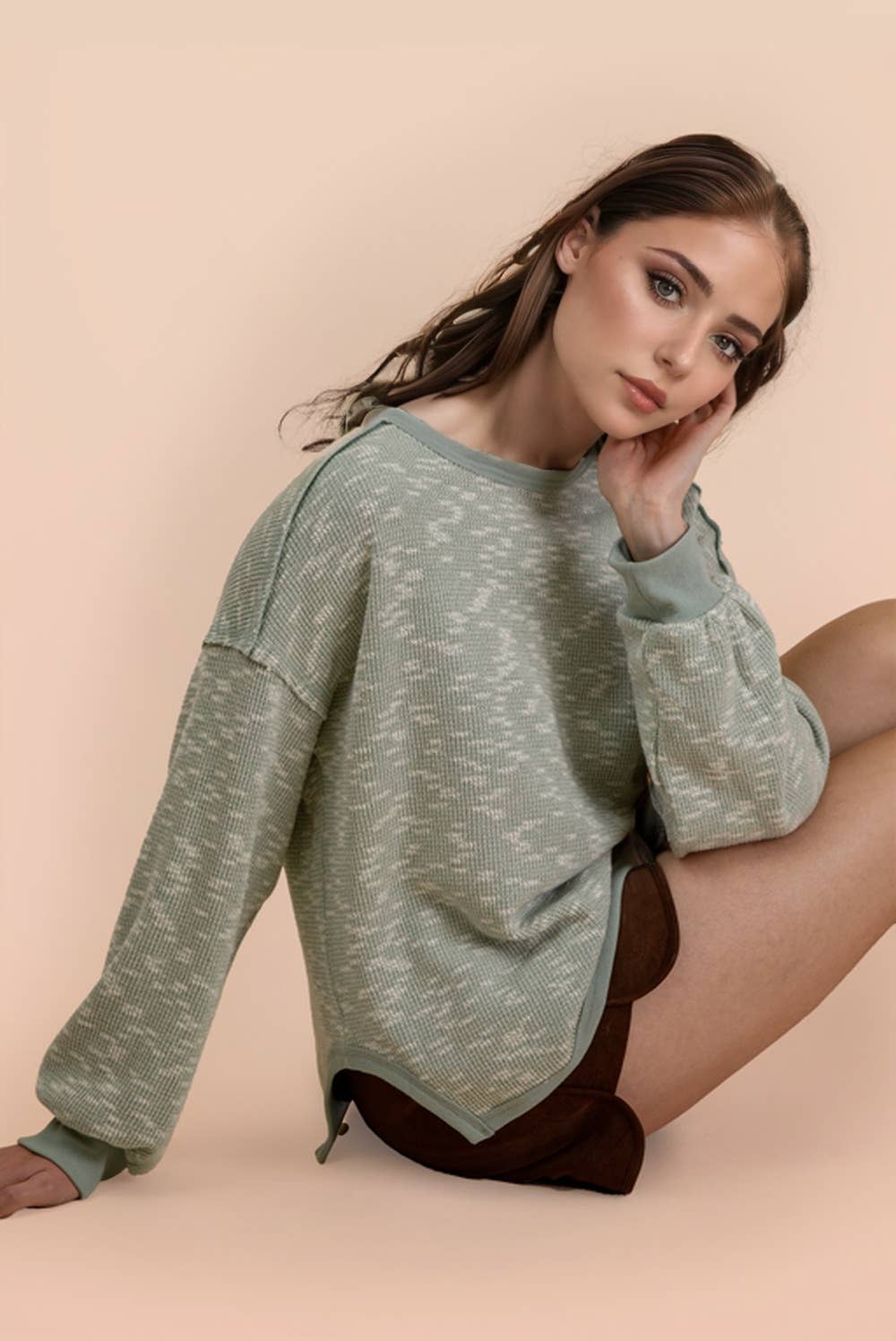 Willow Oversized Textured Knit Casual Top: Sage