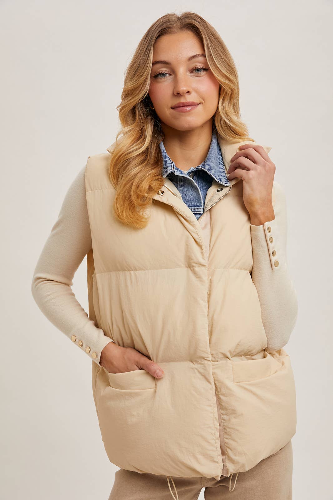 Riverton Layered Look Puffer Vest – Women’s Denim Trim Padded Vest, Fall Winter Zip-Up Outerwear