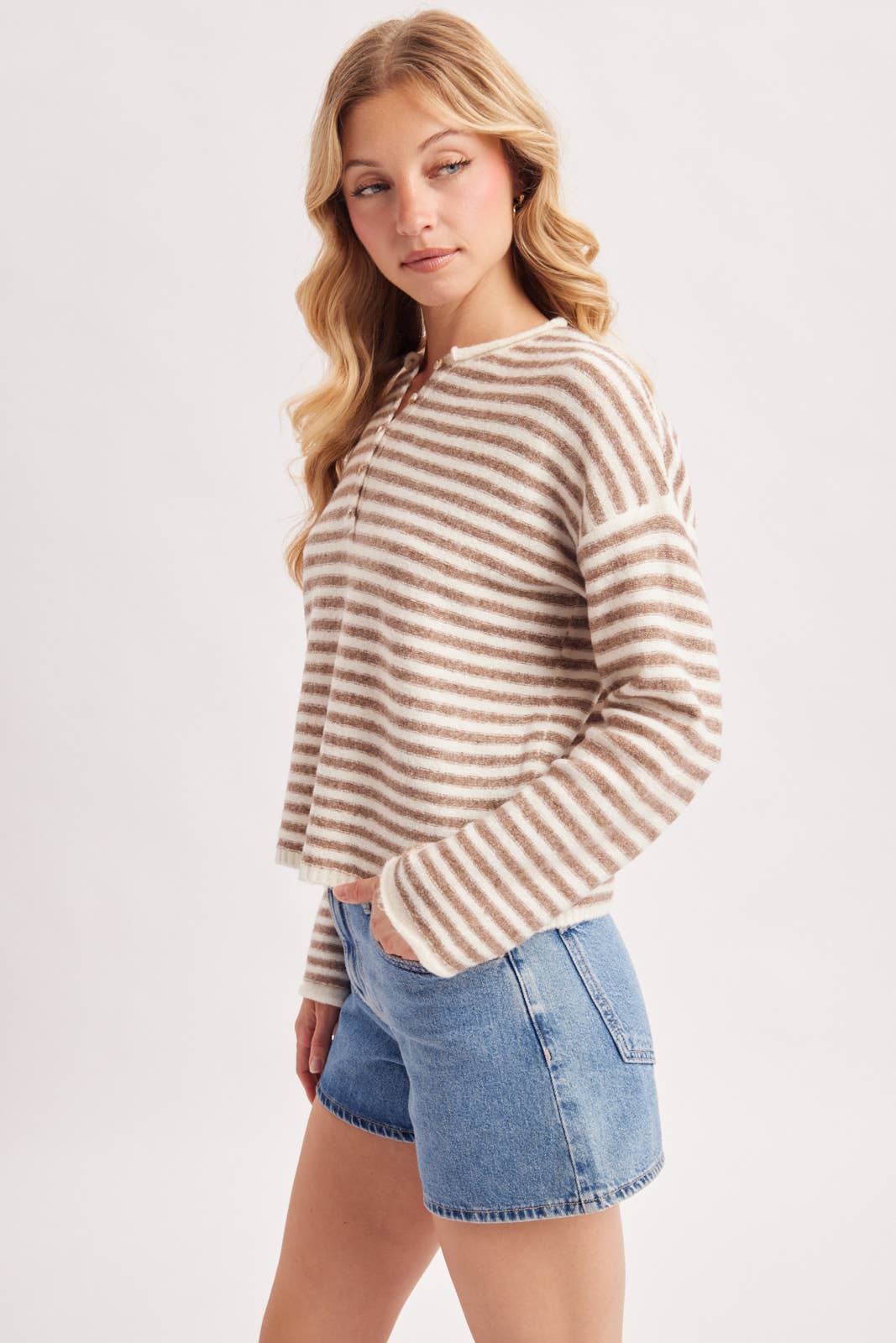 Mocha & Ivory Striped Henley Sweater