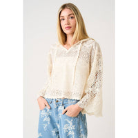 CROCHET LACE BOHO LONG SLEEVE HOODIE TOP: NATURAL / S-M-L(2-2-2)