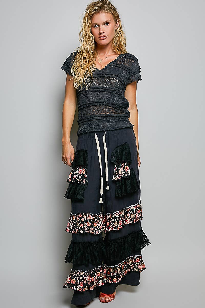 The Emery Lace V Neck Top:Navy  – Short Sleeve Raw Edge Lightweight Feminine Blouse