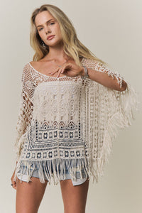 FRINGE HEM CROCHET TOP - CESW3015: Natural / ONESIZE(6)