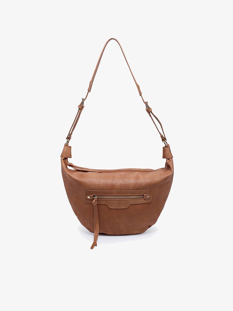 Jen & Co. Leigh Distressed Hobo Bag: Caramel– Vegan Leather Studded Crossbody Tote