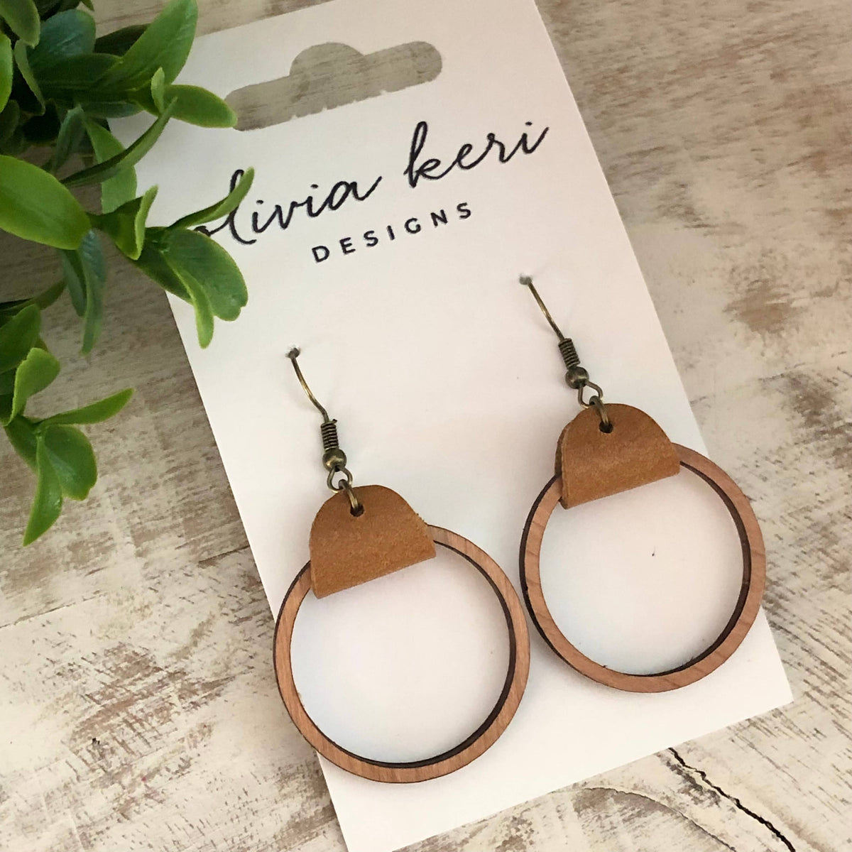Cherry Wood & Leather Hoop Earrings – Lightweight Statement Earrings with Antique Bronze Hooks