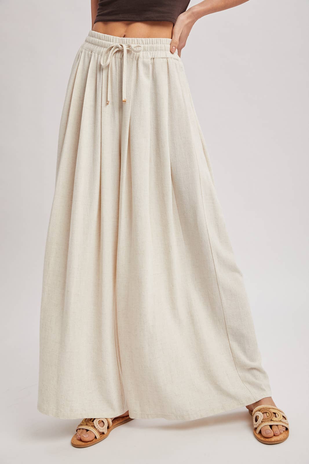 The Everly Flowing Wide Leg Pants: Lt Olive – High Waist Drawstring Palazzo