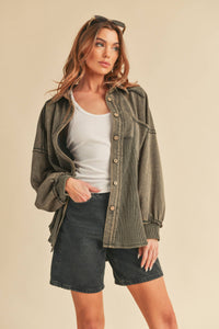 The Judie Mixed Media Vintage Wash Jacket : Charcoal – Relaxed Button Front Layering Shacket for Women