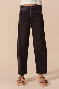 Emery Barrel Leg Jeans – Mid Rise Black Denim with Side Panel Detail