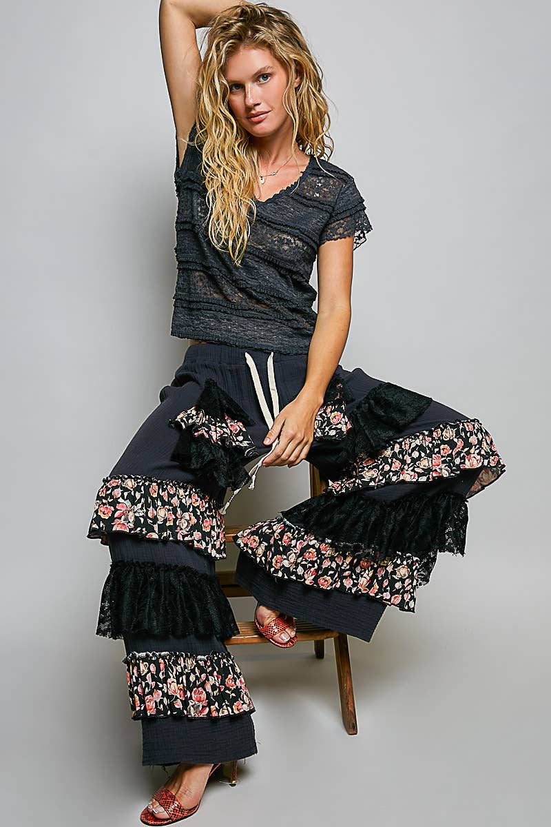 The Emery Lace V Neck Top:Navy  – Short Sleeve Raw Edge Lightweight Feminine Blouse