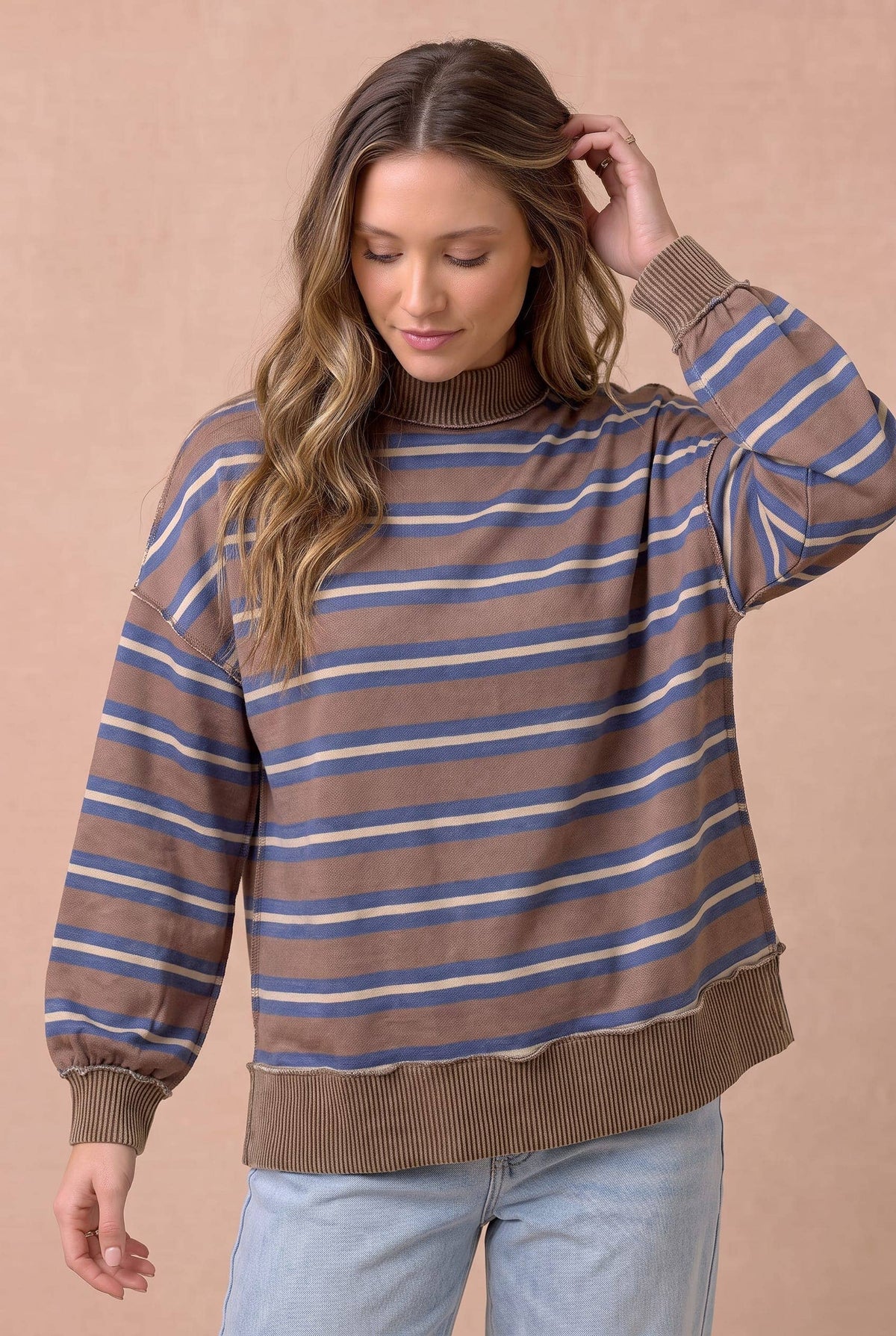 Between the Lines Stripe Pullover: Mocha