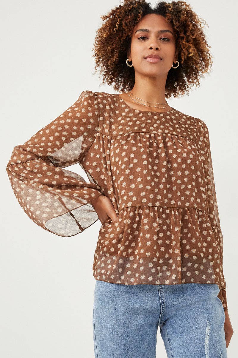 Autumn Daisy Chiffon Blouse Tiered Chiffon Top: Brown