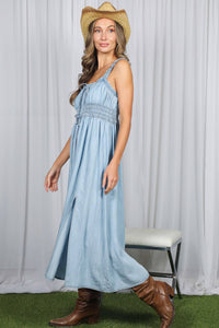 Front Bow Accent 100%Tencel Chambray Denim Dress VD83108A: Light Denim / M