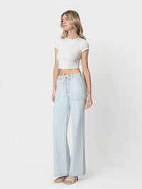 Lovervet "Coastal Ease"  Striped Wide Leg Jeans – High Rise Drawstring Comfort Stretch Denim