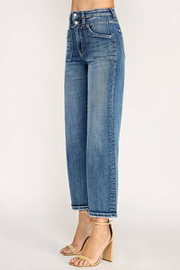 Petra153 "Sutton" Patch Pocket  High Rise Slim Wide Leg Jeans: Medium Wash