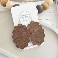 Dahlia Embossed Leather Drop Earrings – Western Boho Statement Jewelry, Nickel-Free