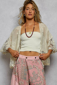 1/2 Sleeve Lace Ruffle Trim Opening Solid Crochet Cardigan: NATURAL / Os