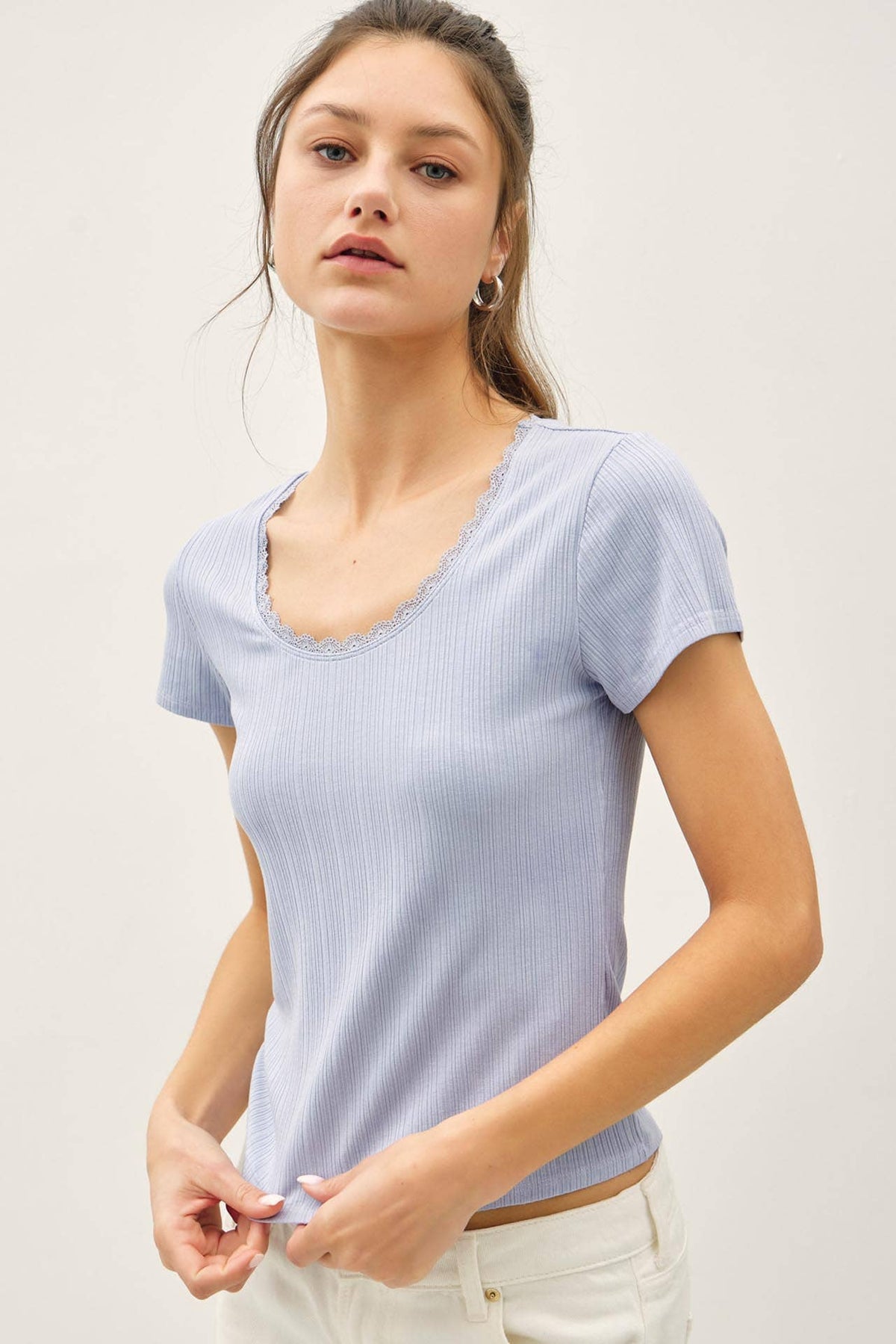 The Elin Lace Trim Ribbed Top – Scoop Neck Slim Fit Stretch Knit Tee