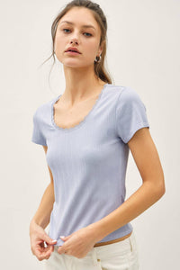 The Elin Lace Trim Ribbed Top – Scoop Neck Slim Fit Stretch Knit Tee