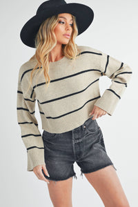 Ainslie Cashmere-Blend Striped Sweater: Oat/Black – Cropped Boxy Fit with Wide Sleeves & Ribbed Trim