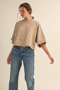 The Winterlyn Marled Mock Neck Sweater: Mocha Mousse – Semi-Cropped Short Sleeve Knit