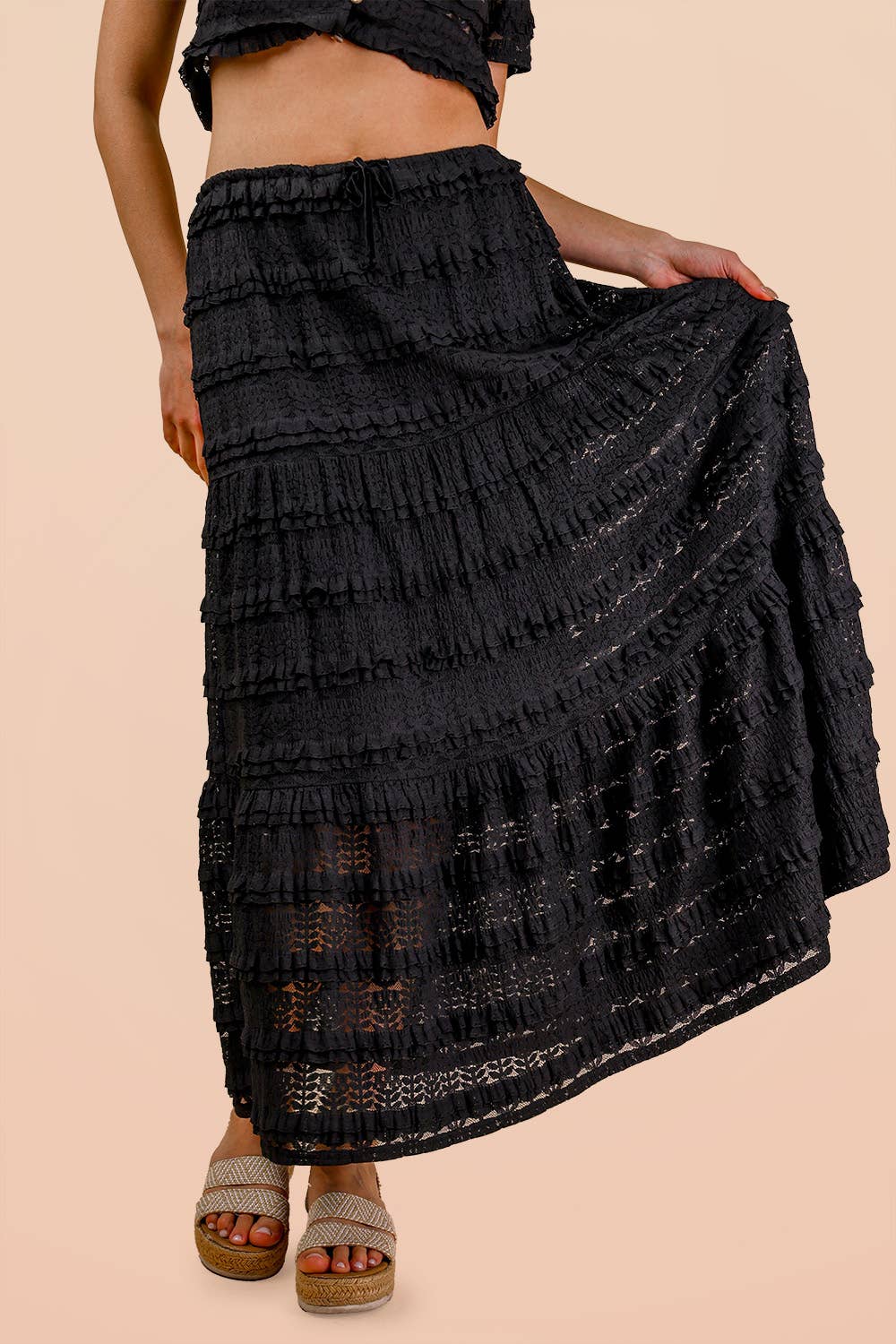 Savannah Tiered Lace Midi Skirt: Black – Boho Elastic Waist Maxi Skirt with Lining