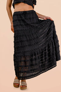 Savannah Tiered Lace Midi Skirt: Black – Boho Elastic Waist Maxi Skirt with Lining
