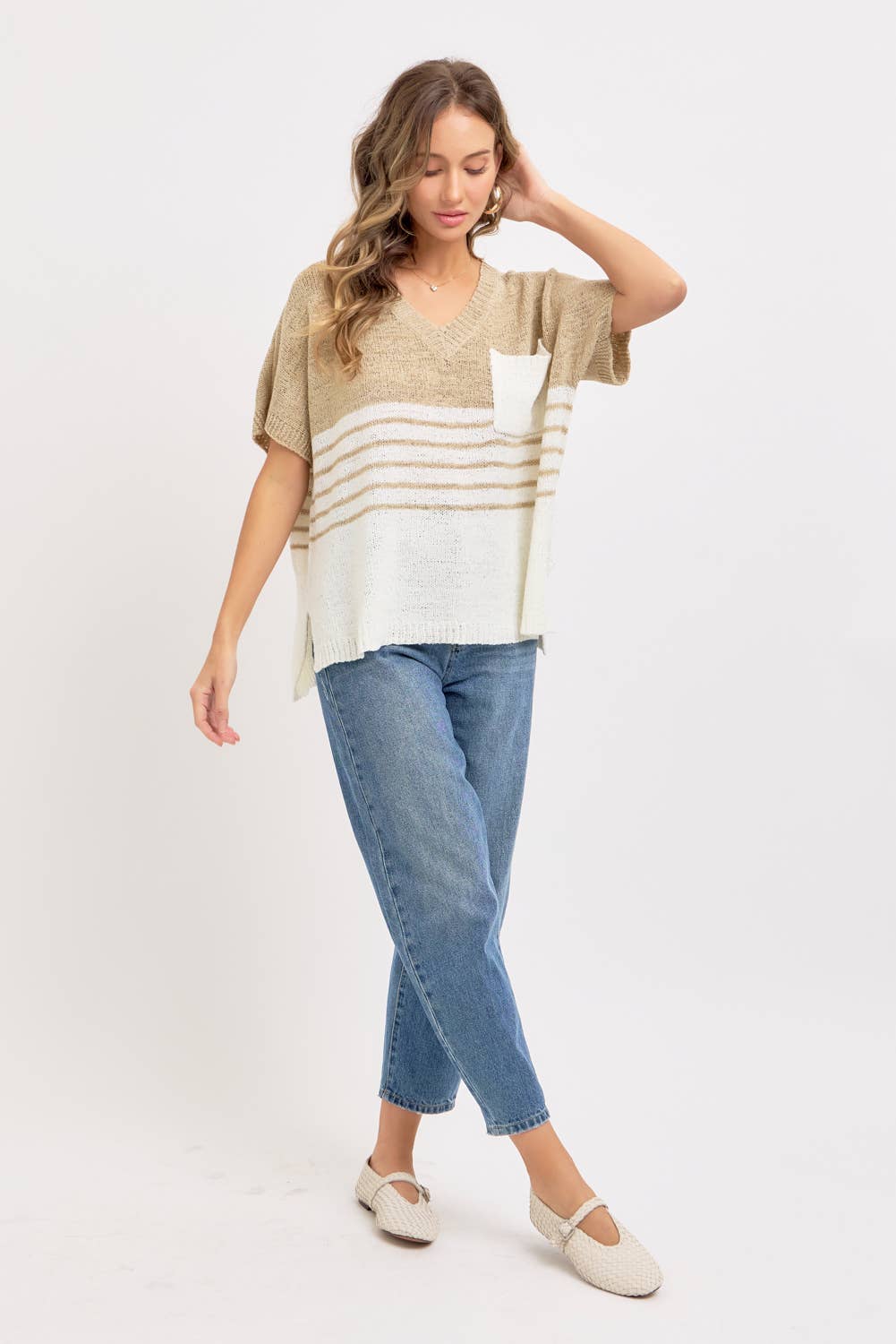 Isla Slouchy Striped Knit Top – Oversized V-Neck Sweater Tee