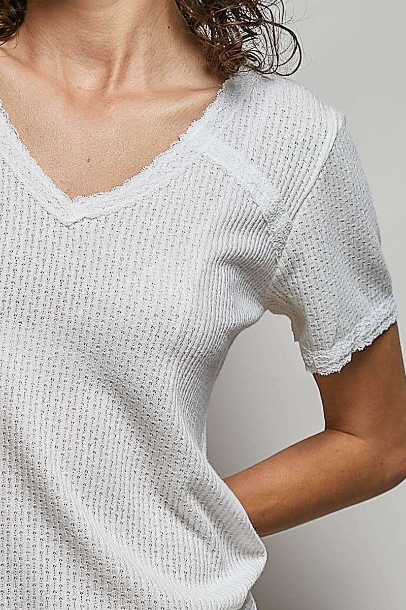 The Clara Lace Trim V Neck Top: Natural – Short Sleeve Textured Knit Everyday Basic