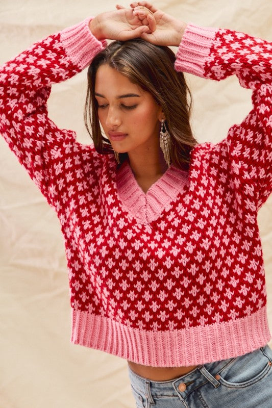 Poppy V-Neck Textured Holiday Sweater – Pink & Red Colorblock Knit Top
