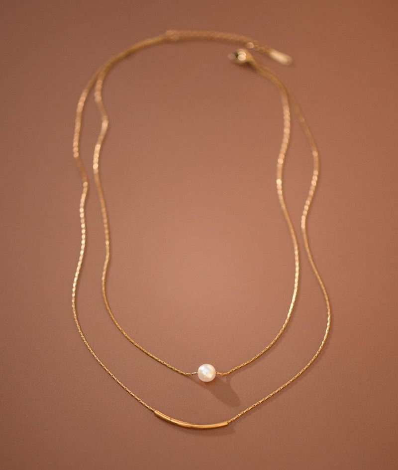 The Winslet Pearl Herringbone Necklace – 18K Gold Dipped Waterproof Stainless Steel Necklace