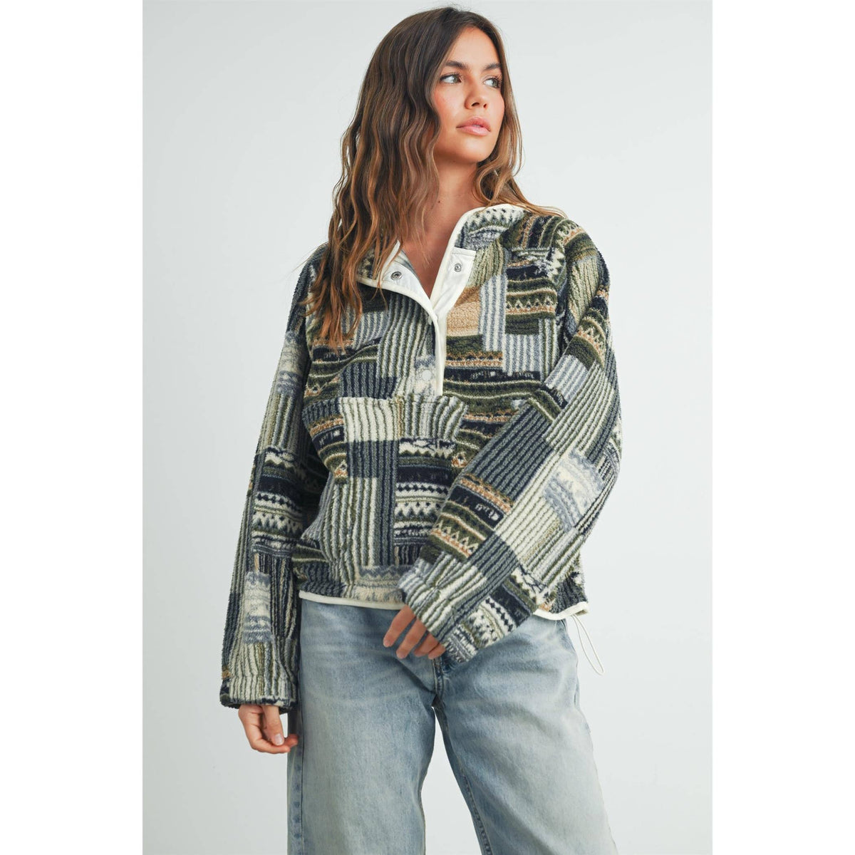 The Timberline Patchwork Fleece Pullover: Olive Multi