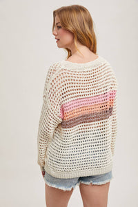 Isla Color Block Open Knit Sweater: Ivory