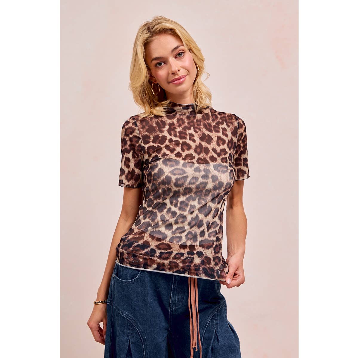 Wild Side Leopard Mesh Mock Neck Top