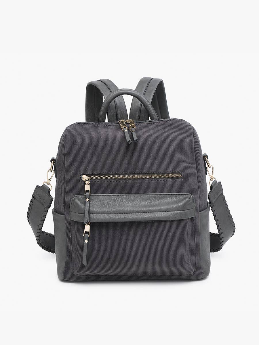 Jen & Co. Amelia Corduroy Convertible Backpack: Charcoal – Fall/ Winter Vegan Leather & Corduroy Crossbody Bag