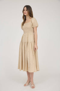 The Elsie Embroidered Smocked Midi Dress – Square Neck Puff Sleeve Cream Floral Dress
