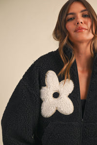 Floral Sherpa Zip Up Jacket: Black – Fully Lined Cozy Fleece with Pockets