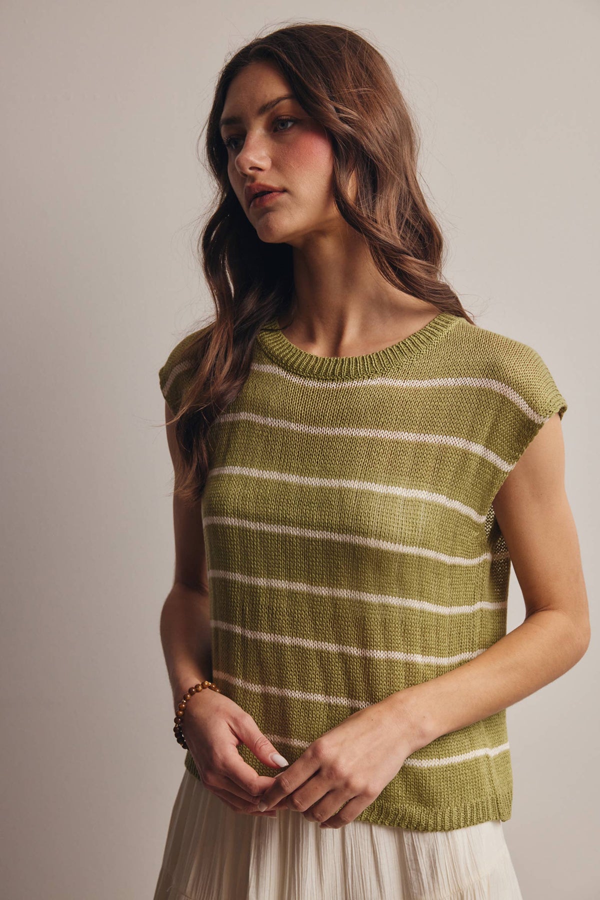 The Harlow Striped Knit Top:Green – Sleeveless Lightweight Sweater Tank
