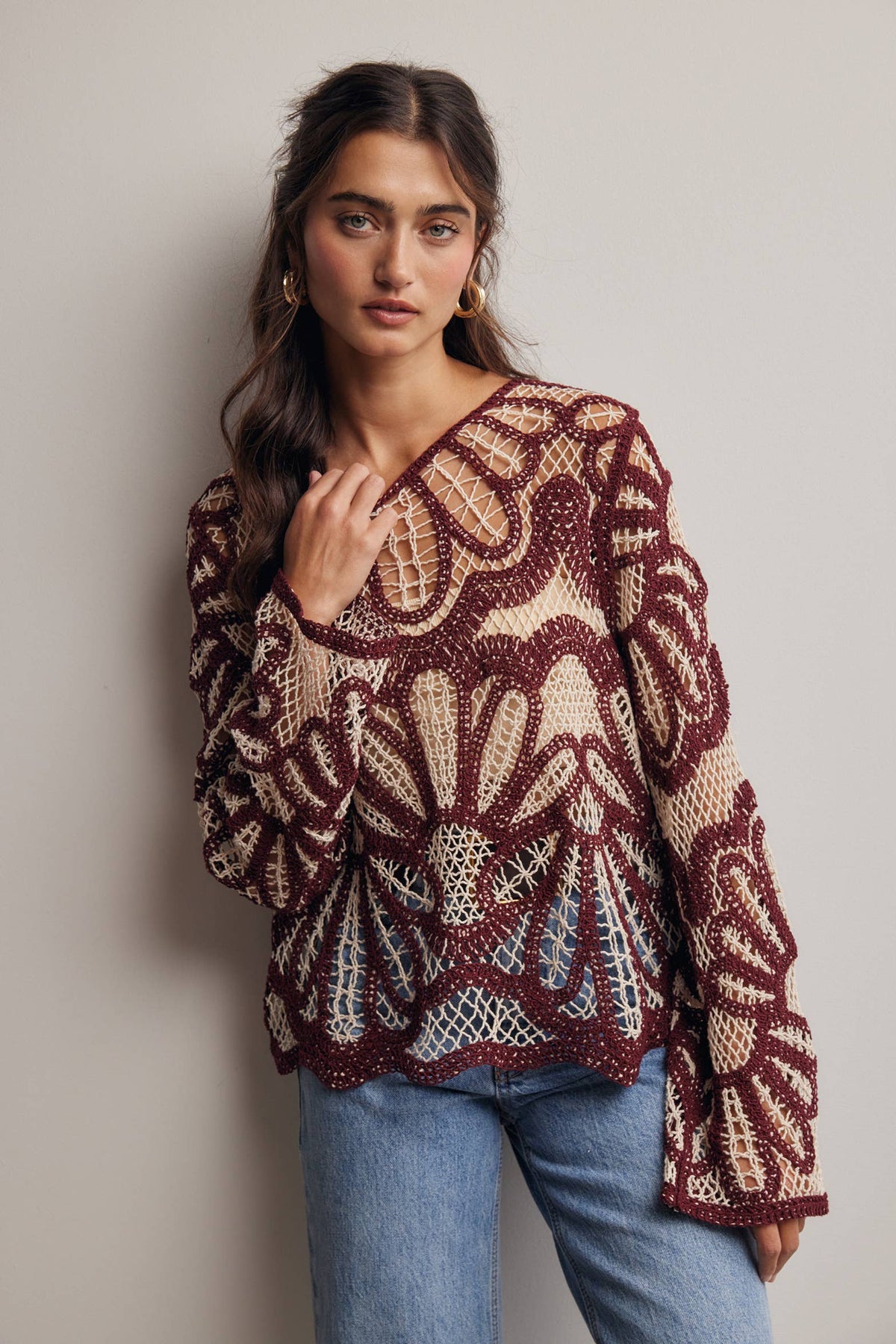 Camille Floral Crochet Knit Sweater