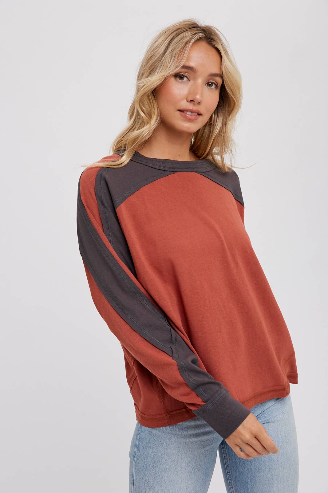 Sutton Contrast Sleeve Oversized Long Sleeve Top – Chestnut & Olive