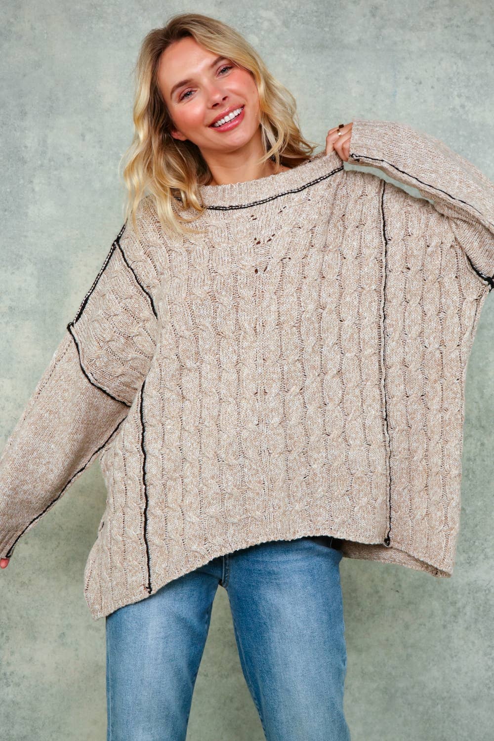 Lanie Color-Stitch Cable Knit Sweater – Oversized Round Neck Pullover | Northern Belle Boutique