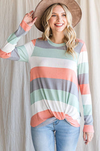 Polly Spring Stripe Ribbed Long Sleeve Casual Top: Coral/Multi