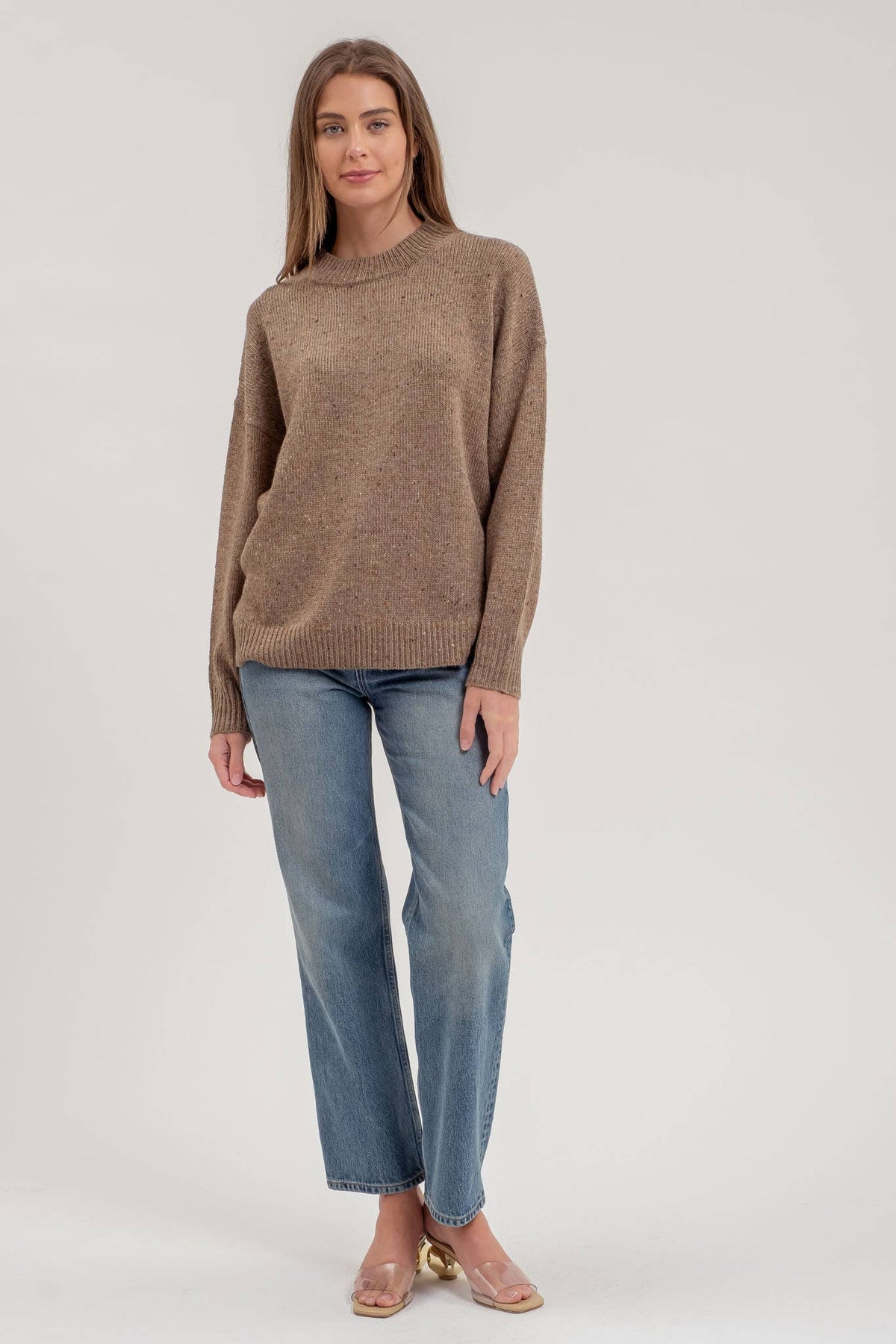 Rita Speckle Knit Mock Neck Sweater: Brown