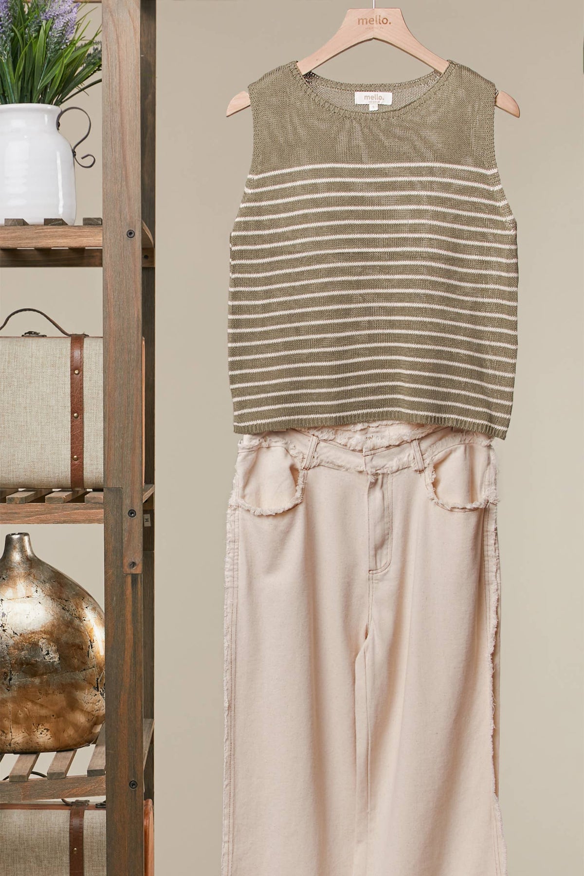 The Sutton Striped Knit Tank: Olive  – Sleeveless Lightweight Everyday Sweater Top
